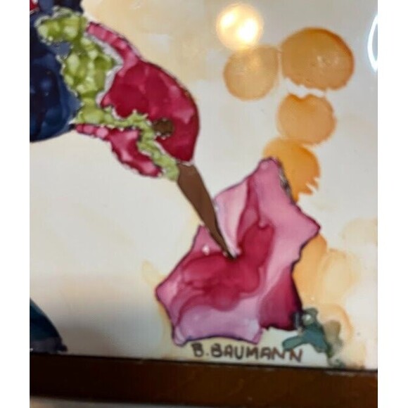 Beautiful Painted B. Baumann Blue Hummingbird & Pink Flower Framed Tile 7"x 7" - Picture 2 of 4
